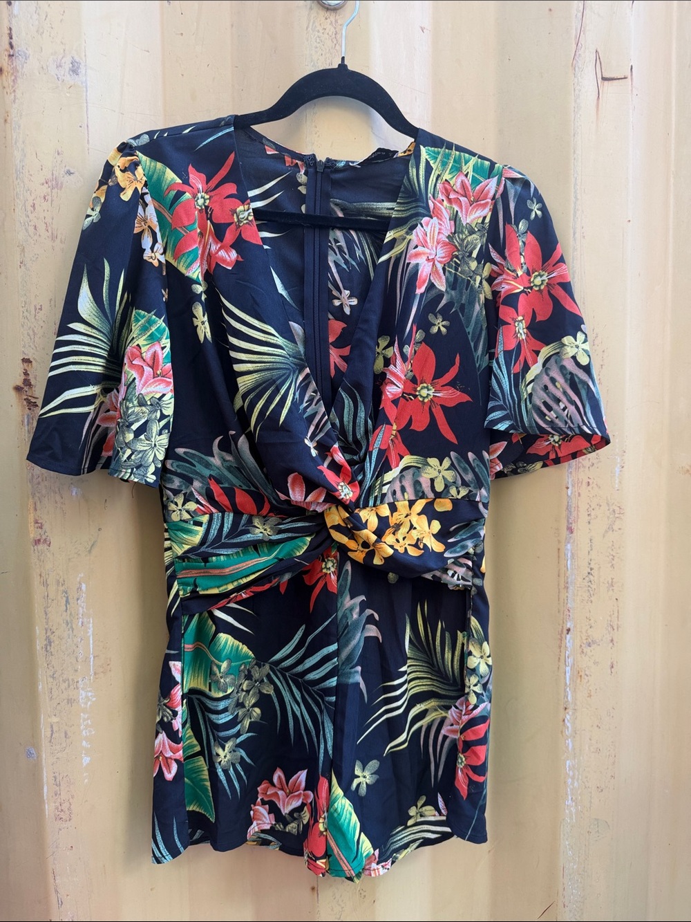 Tropical Knot-Front V-Neck Women's Dress - Black with Red & Green Floral Print